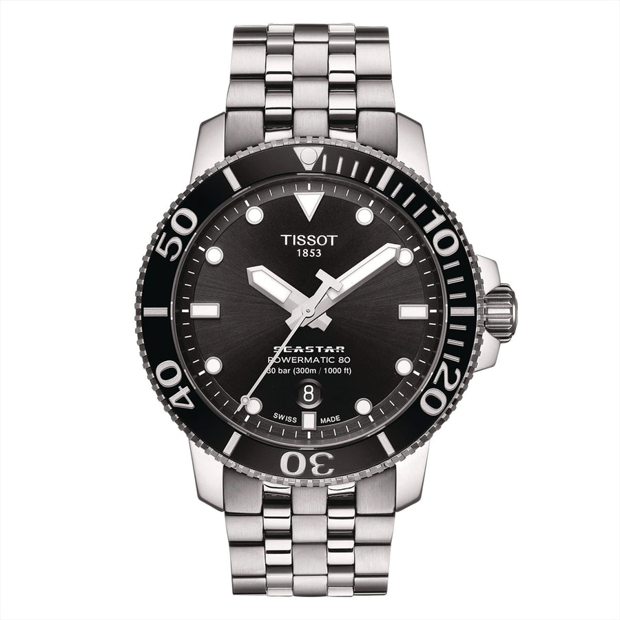 43mm Seastar 1000 Powermatic Watch with Black Dial in Stainless Steel, Bracelet