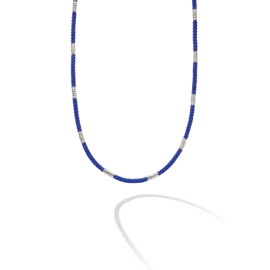 Ultramarine Blue Caviar Station Rope Necklace in Sterling Silver and Matte Ceramic, 22"