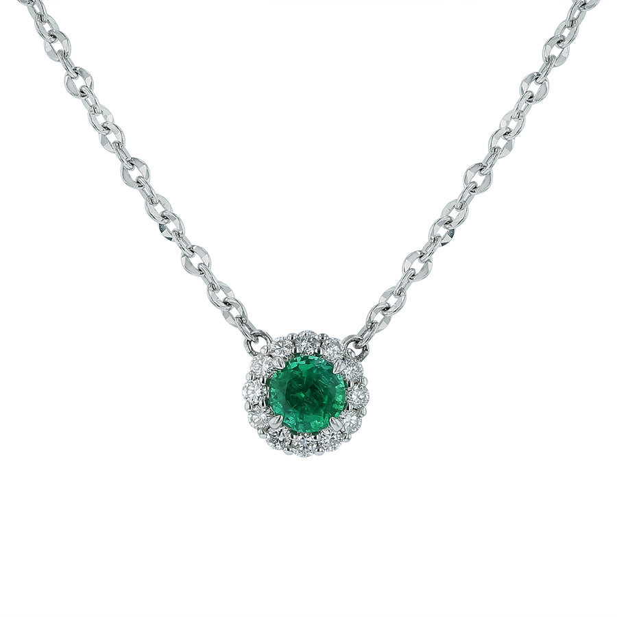 0.65ct Emerald and 0.30ct Diamond Halo Necklace in 18K White Gold, 16"