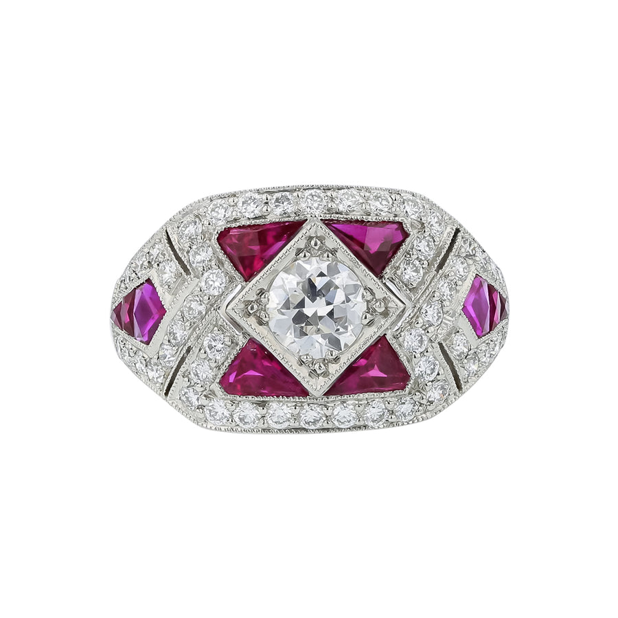 0.50ct Round Diamond, 3.02ct Ruby and 0.58ct Diamond Ring in Platinum, Size 6.75