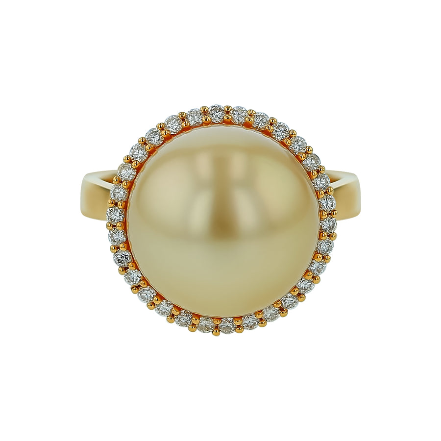 Golden Pearl 14-15mm and 0.37ct Diamond Halo Ring in 18K Yellow Gold, size 6.5