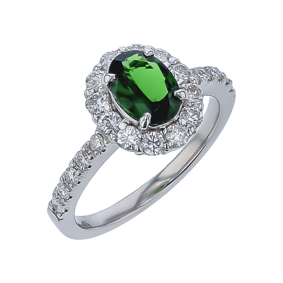 1.05ct Tsavorite and 0.65ct Diamond Halo Ring in Platinum, size 6.25