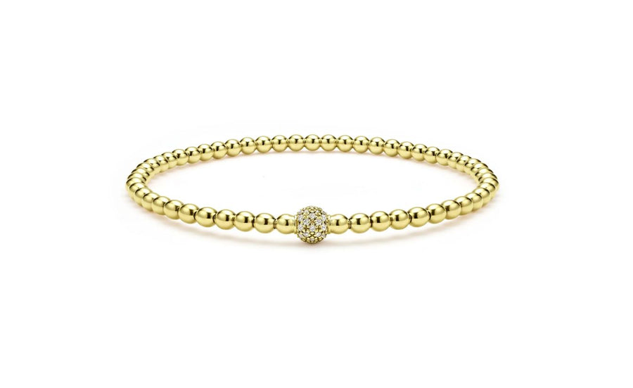 Caviar Gold 0.3Ct Diamond Pave Ball Stretch Bracelet in18K Yellow Gold, Size 7