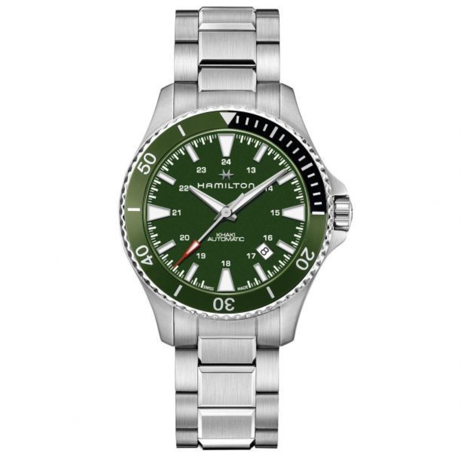 40mm Khaki Navy Scuba Watch with Green Dial in Stainless Steel, Bracelet