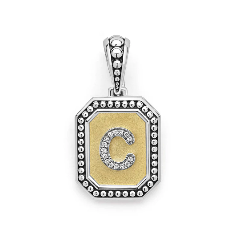 Signature Caviar 0.05ct Diamond Octagon Initial "C" Pendant in 18K Yellow Gold and Sterling Silver, without chain