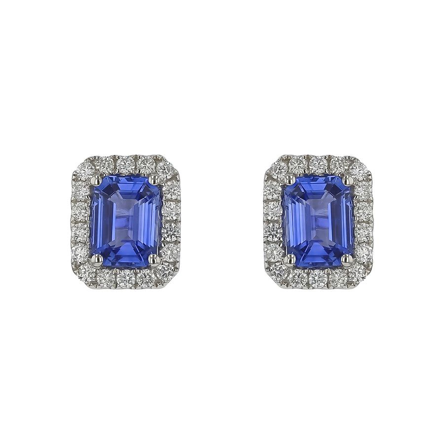 3.65ct Emerald Cut Sapphire and 0.59ct Diamond Halo Stud Earrings in 18K White Gold