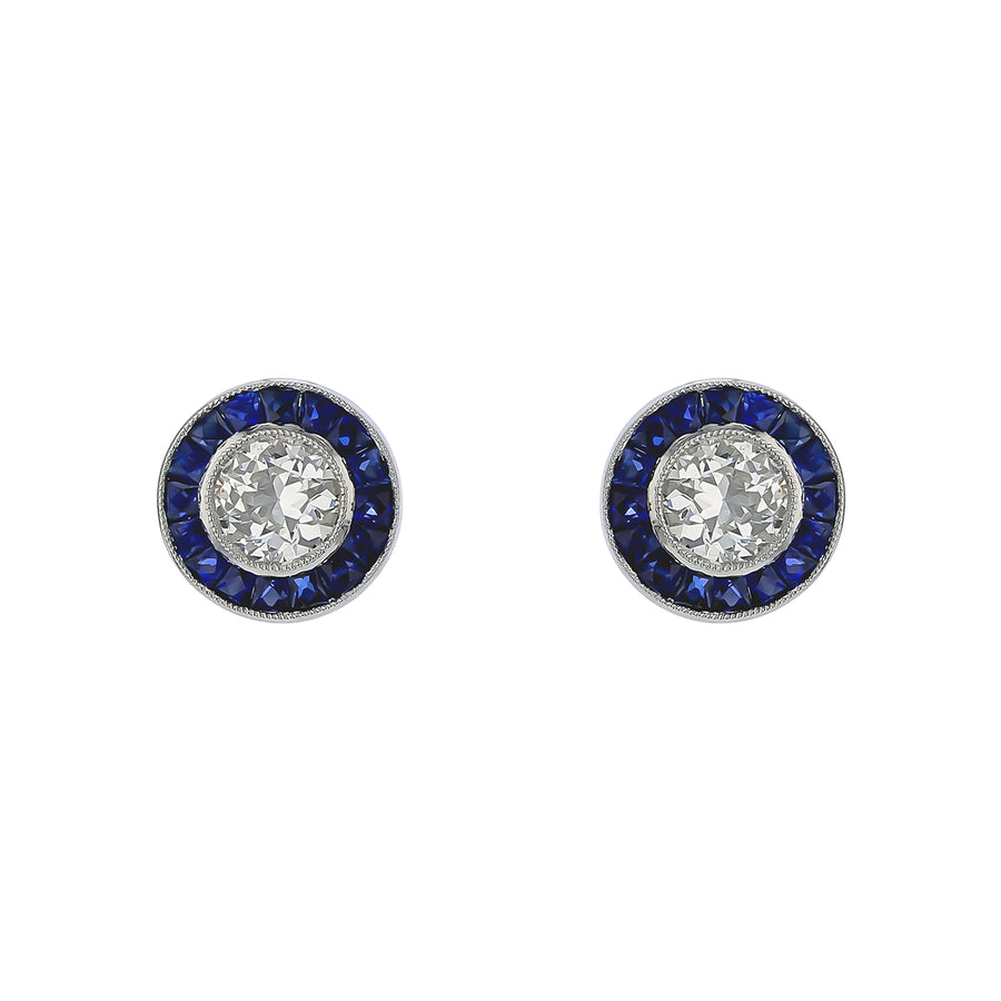 1.28ct Diamond and 1.32ct Sapphire Halo Stud Earrings in Platinum