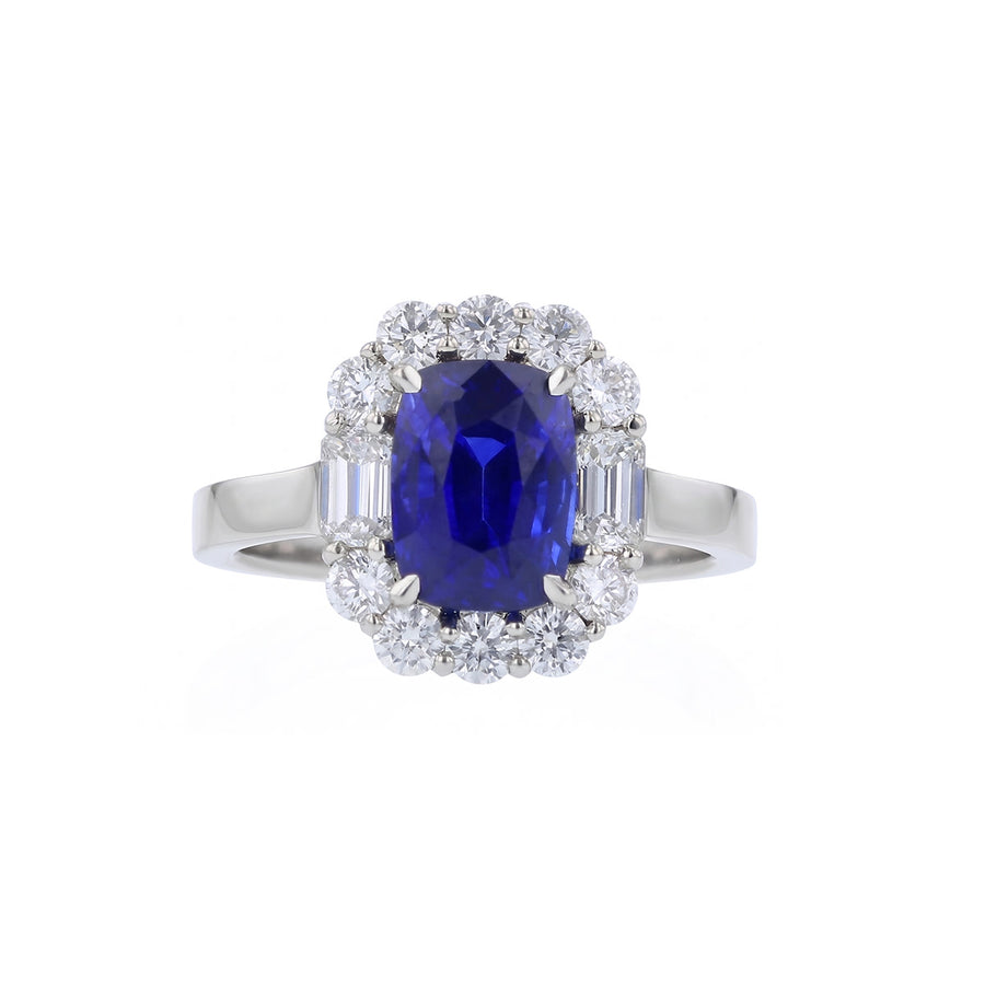 3.43ct Blue Sapphire and 1.23ct Diamond Halo Ring in Platinum, size 6.5