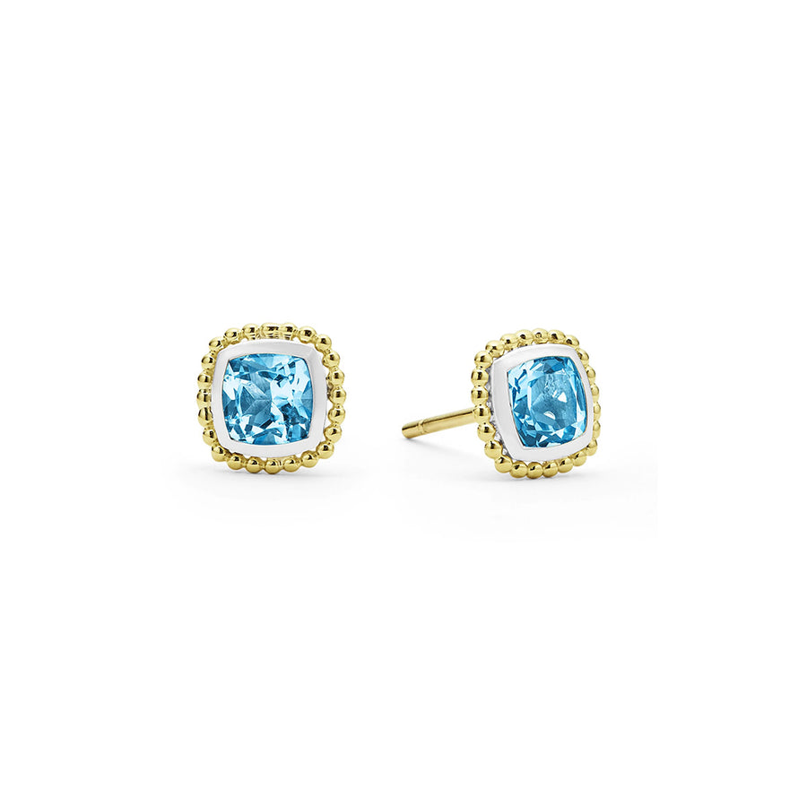 Rittenhouse Cushion Blue Topaz Stud Earrings in Sterling Silver and 18K Yellow Gold, 7mm