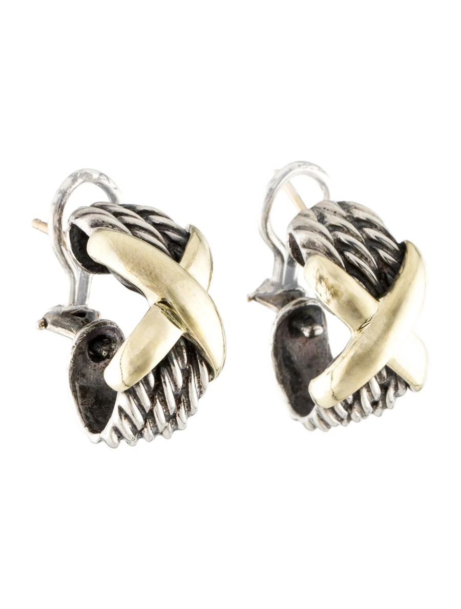 David Yurman Cable X Shrimp Omega Back Earrings in Sterling Silver and 14K Yellow Gold