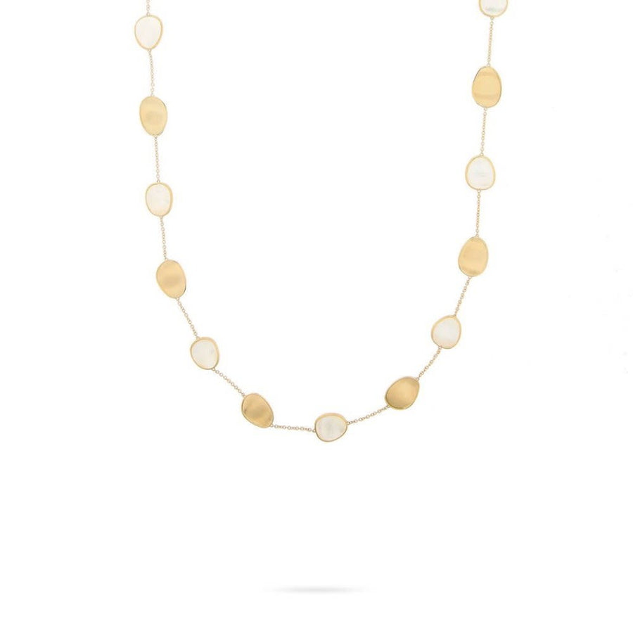 Lunaria Mother of Pearl Hand Engraved Hammered Short Necklace in 18K Yellow Gold, 17"
