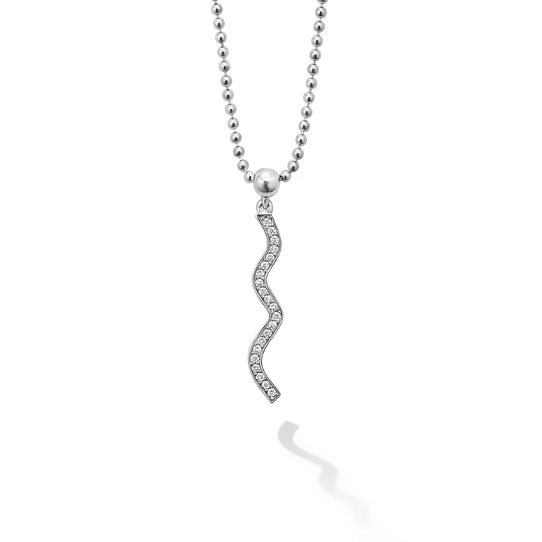 Silver wavy pendant necklace on a white background