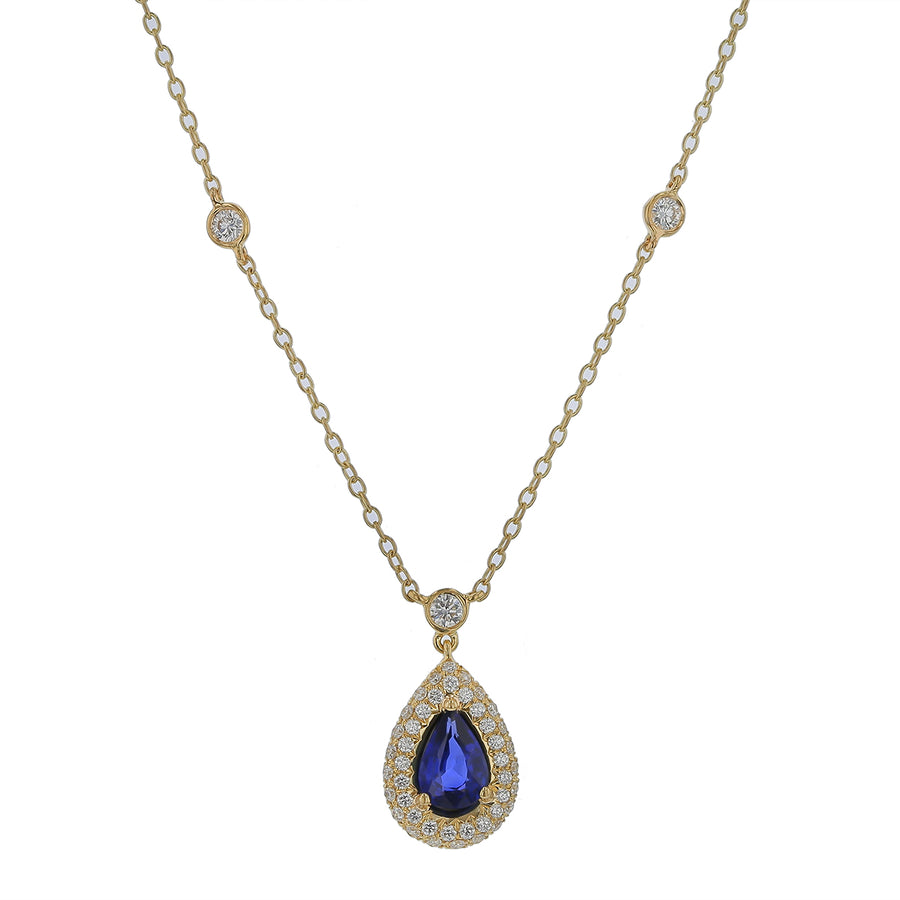 0.72ct Pear Shaped Sapphire and 0.46ct Diamond Halo Necklace in 18K Yellow Gold, 18"