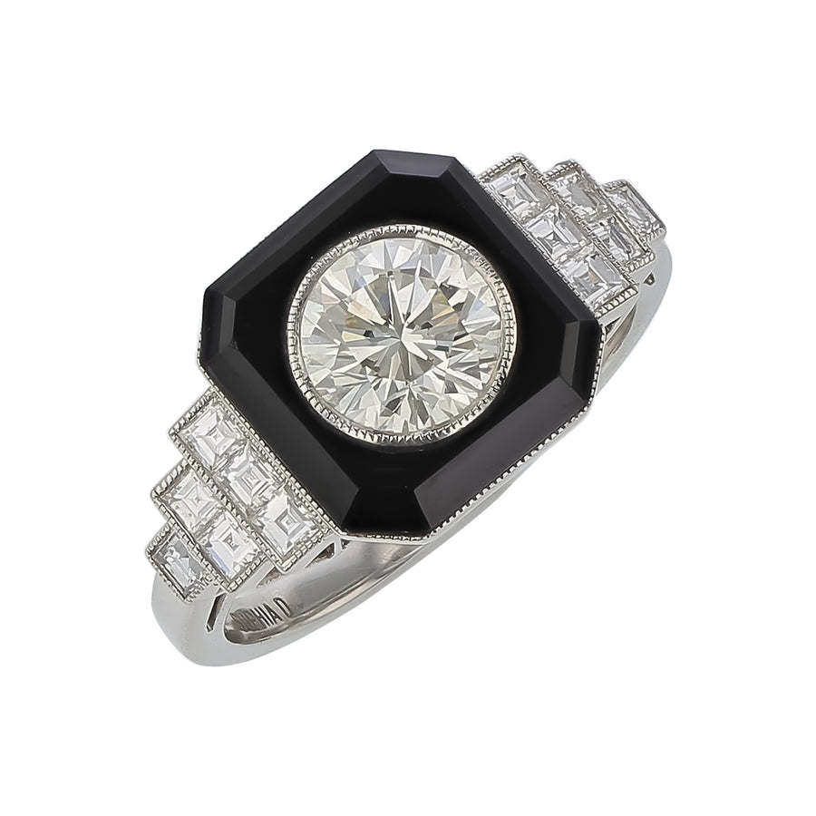 1.02ct Round Diamond, 1.75ct Black Onyx and 0.44ct Diamond Ring in Platinum, Size 6.5