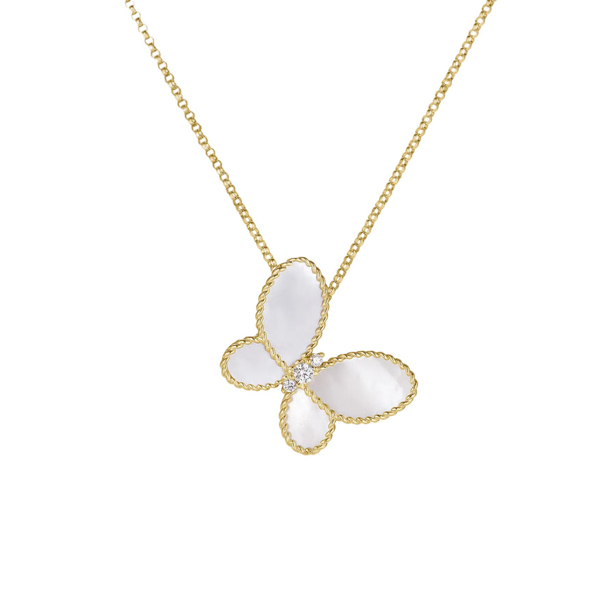 Jasmine 0.07ct Diamond and Mother of Pearl Butterfly Pendant in 18K Yellow Gold, 18"