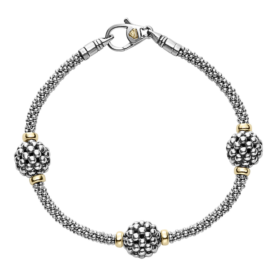 Signature Caviar 3 Ball Station Beaded Rope Bracelet in 18K Yellow Gold and Sterling Silver, Size 7
