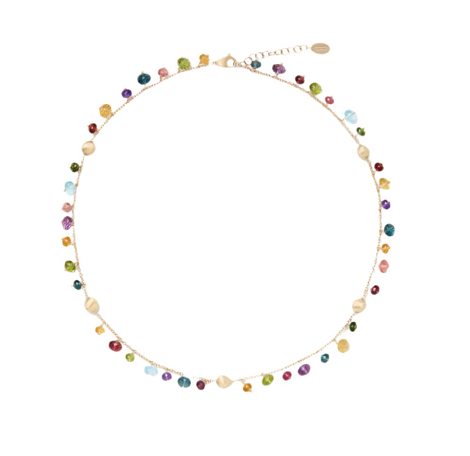 Necklace with multicolored beads on a white background