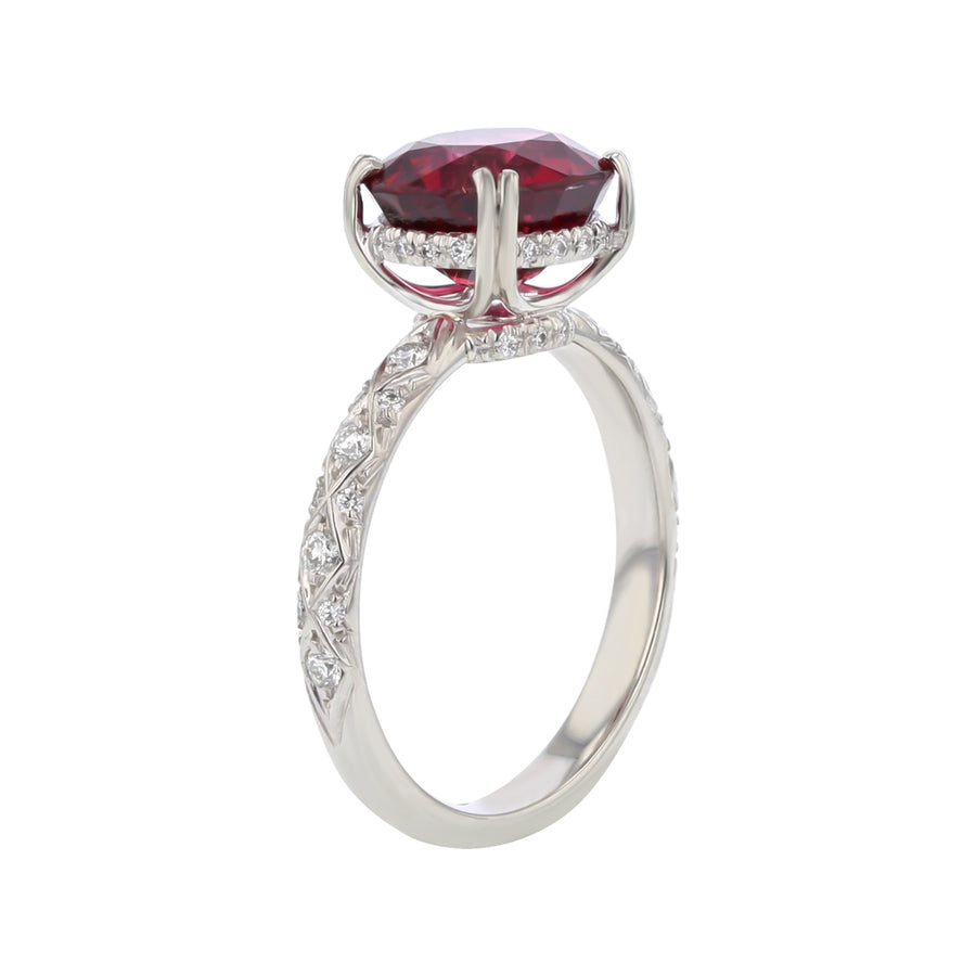 3.05ct Round Burmese Red Spinel and 0.30ct Pave Diamond Ring in Platinum, Size 5.5