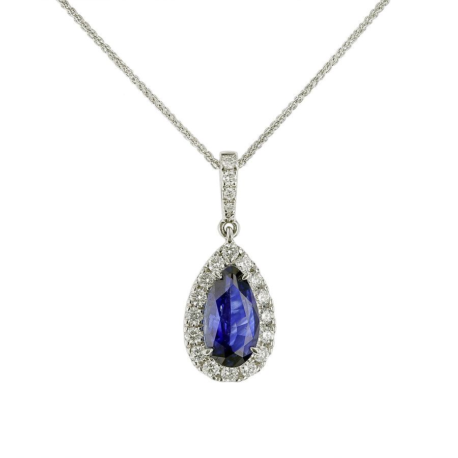 1.58ct Pear Shape Sapphire and 0.32ct Diamond Halo Pendant in 18K White Gold, 18"