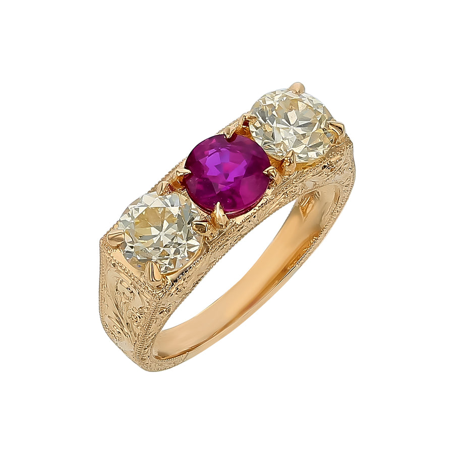 1.90ct Diamond and 1.06ct Ruby 3 Stone Victorian Ring in 14K Yellow Gold, size 6.75