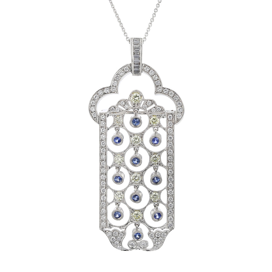 1.31ct Round Sapphire, 0.10ct Baguette Diamond, 0.80ct Full Cut Diamond, and 0.40ct Full Cut Diamond Fancy Yellow Pendant in 18K and 14K White Gold, 16" chain