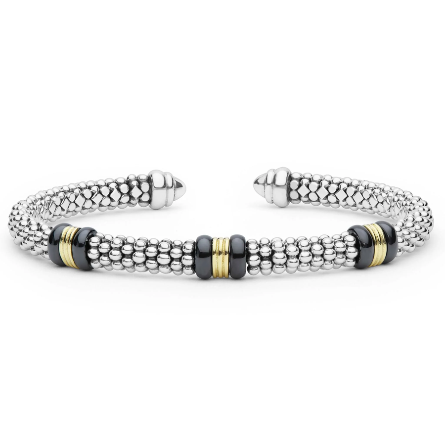 Black Caviar 3 Station Cuff Bracelet in 18K Yellow Gold, Sterling Silver and Ceramic, Size 7