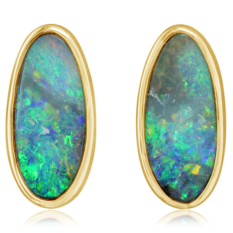 Australian Boulder Opal Bezel Stud Earrings in 14K Yellow Gold