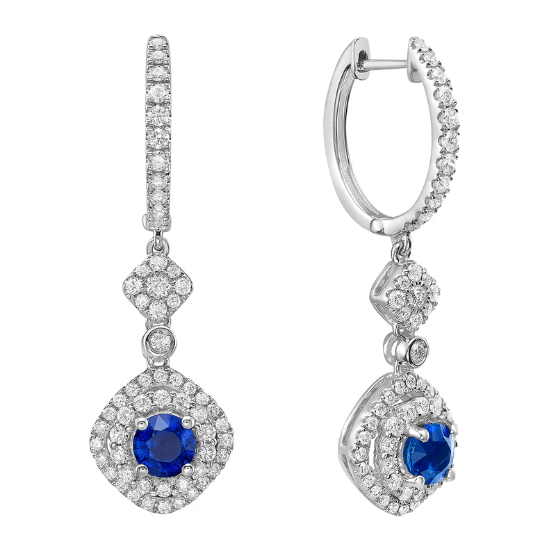 1.33ct Round Blue Sapphire and 1.28ct Diamond Halo Drop Earrings in 14K White Gold