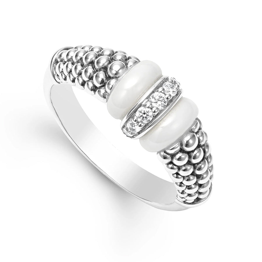 White Caviar 0.11ct Diamond Ring in Sterling Silver and Ceramic, size 6
