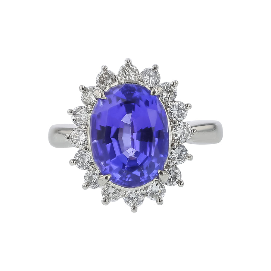 5.03ct Tanzanite and 0.82ct Diamond Halo Ring in Platinum size 7