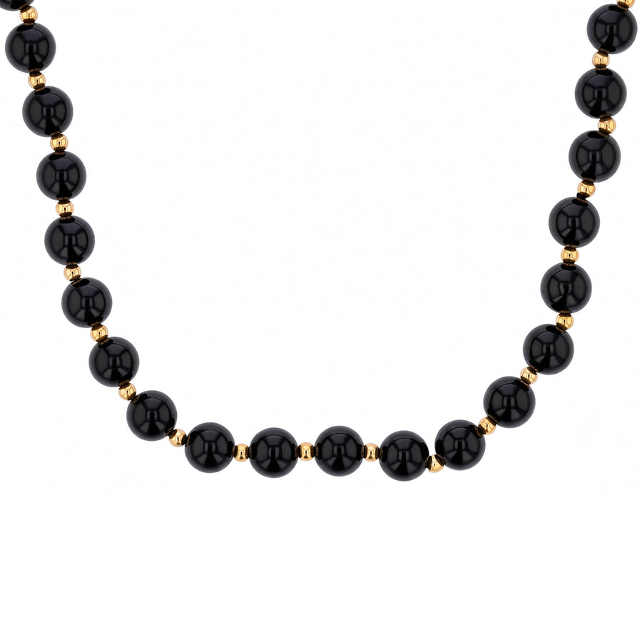 8mm Black Onyx and Gold Bead Necklace in 14K Yellow Gold 18"