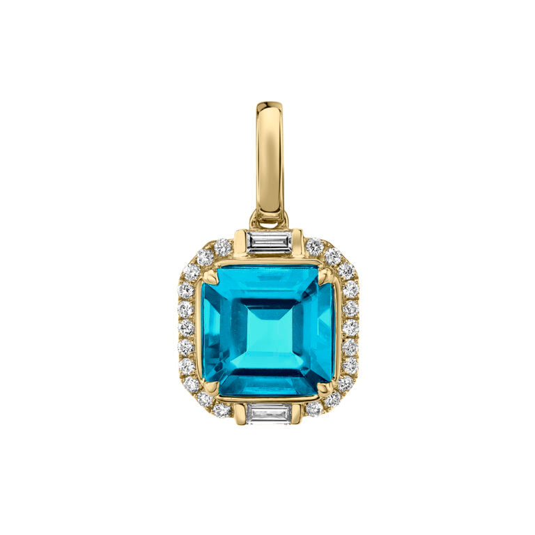2.70ct Blue Topaz and 0.22ct Diamond Halo Pendant in 14K Yellow Gold, 18" chain