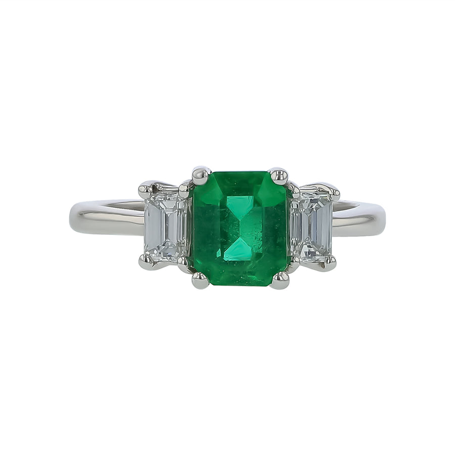 0.99ct Emerald Cut Emerald and 0.39ct Diamond 3 Stone Ring in 18K White Gold, Size 4.5