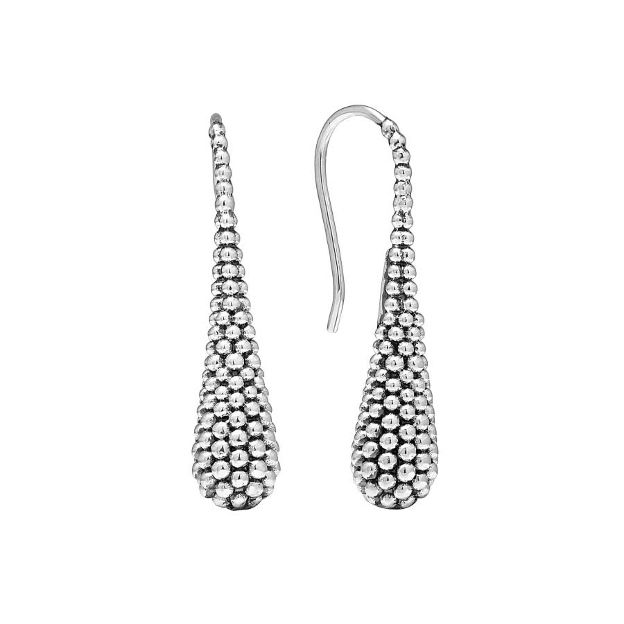 A pair of teardrop-shaped sterling silver wire earrings with beaded details.