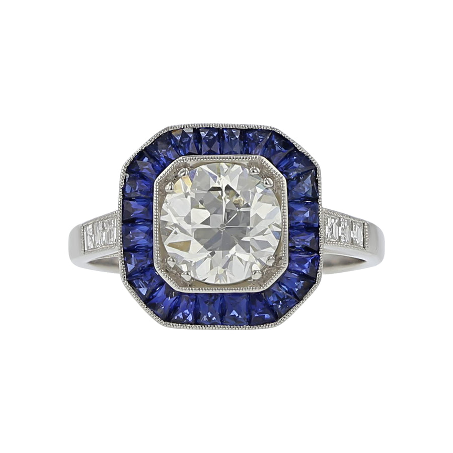 1.63ct Old European Cut Diamond with 2.28ct Blue Sapphires and 0.21ct Square Diamonds Halo Ring in Platinum, size 6.5