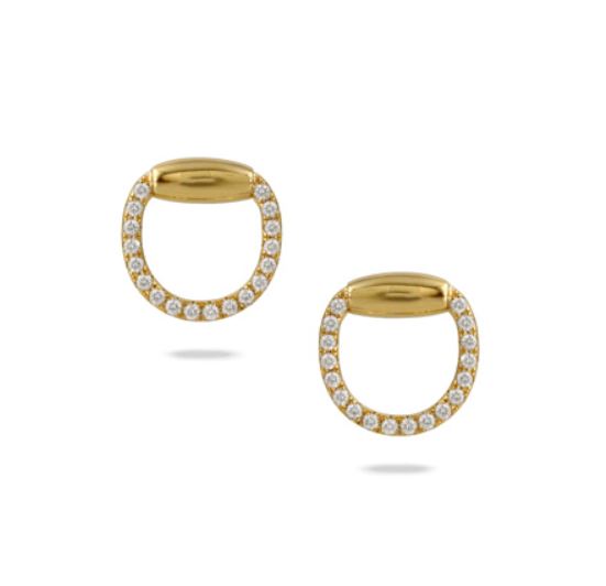 A pair of 18k yellow gold stirrup stud earrings with diamonds set in them.