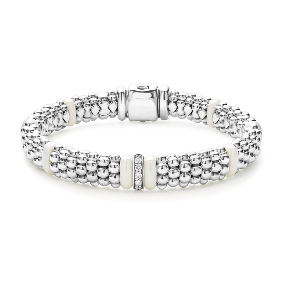 White Caviar 0.10ct Diamond Beaded Rope Bracelet in Sterling Silver and Ceramic, Size 7