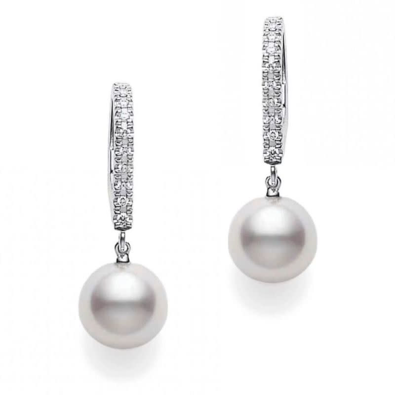 Classic 7.5mm Akoya Pearl and 0.08ct Diamond Drop Earrings in 18K White Gold