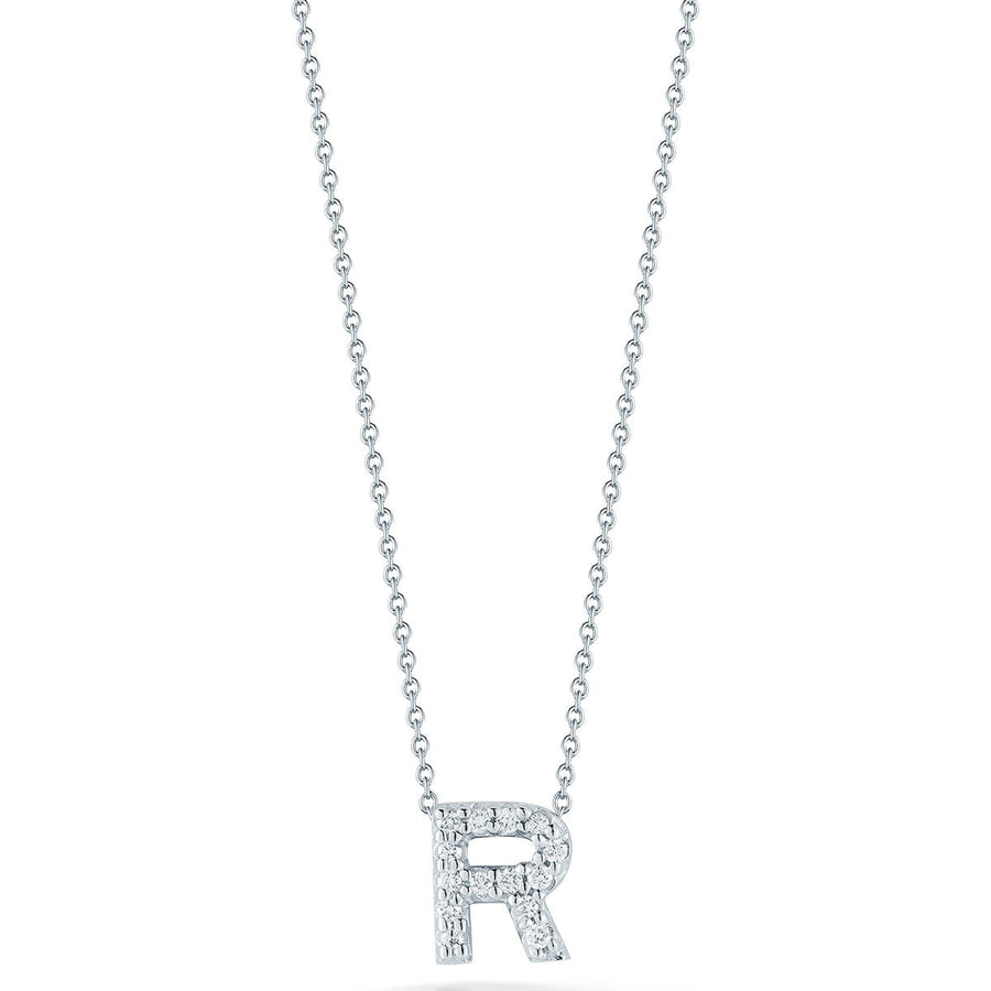 Tiny Treasures 0.06ct Diamond Love Letter "R" Pendant in 18K White Gold on 16-18" chain