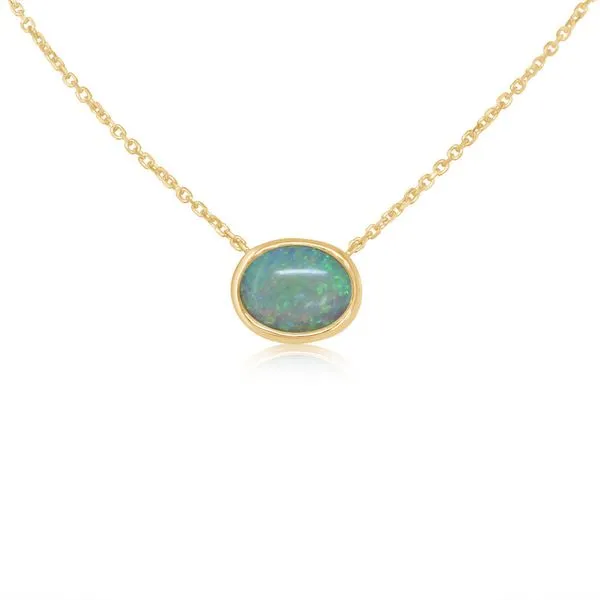 1.06ct Australian Opal Bezel Set Necklace in 14K Yellow Gold, 18" chain