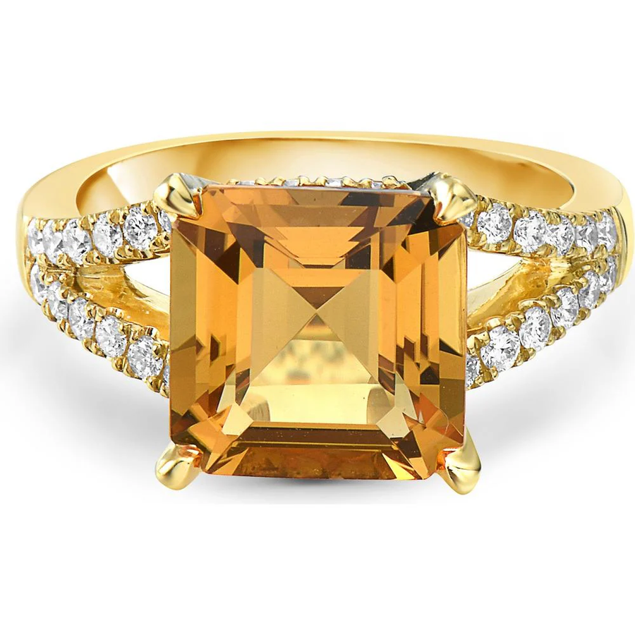 Pastel 4.17ct Ascher Cut Citrine and 0.59ct Diamond Ring in 18K Yellow Gold, size 6.5