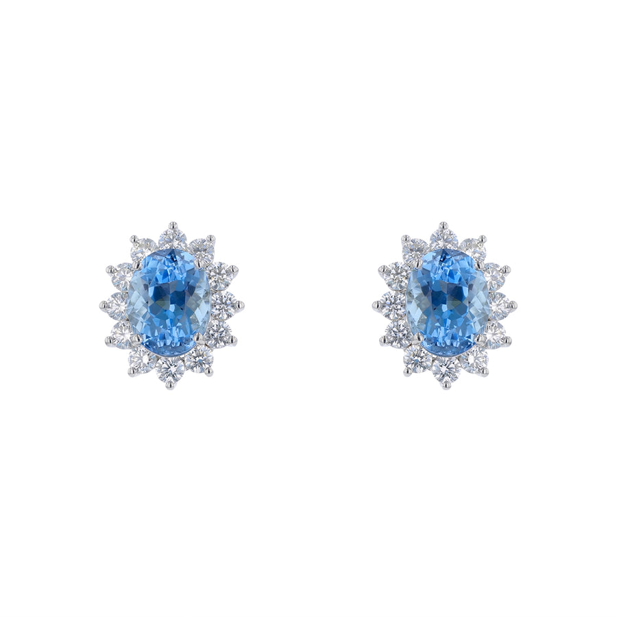 3.91ct Oval Aquamarine (Heated) and 1.30ct Diamond Halo Stud Earrings in 18K White Gold