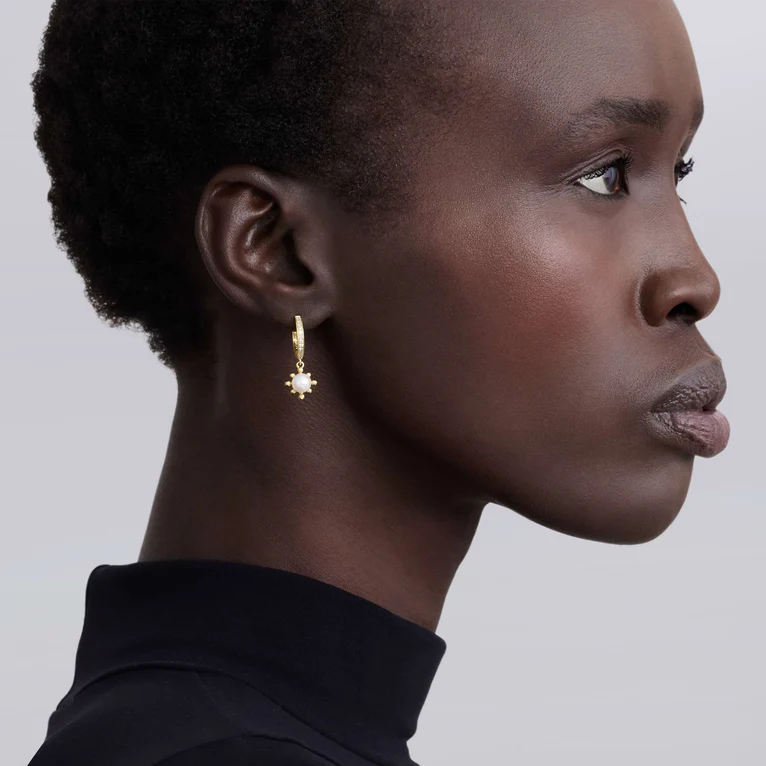 Luna 6mm Pearl and 0.168ct Diamond Drop Earrings in 18K Yellow Gold