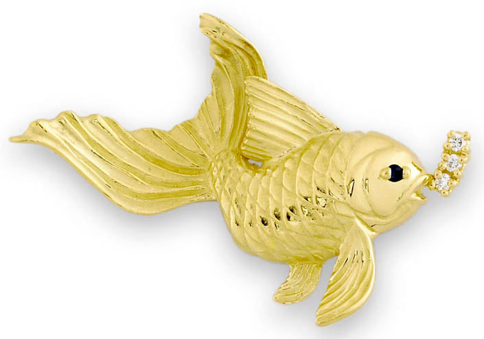 0.05Ct Diamond and 0.02Ct Sapphire Fish Brooch in 18K Yellow Gold