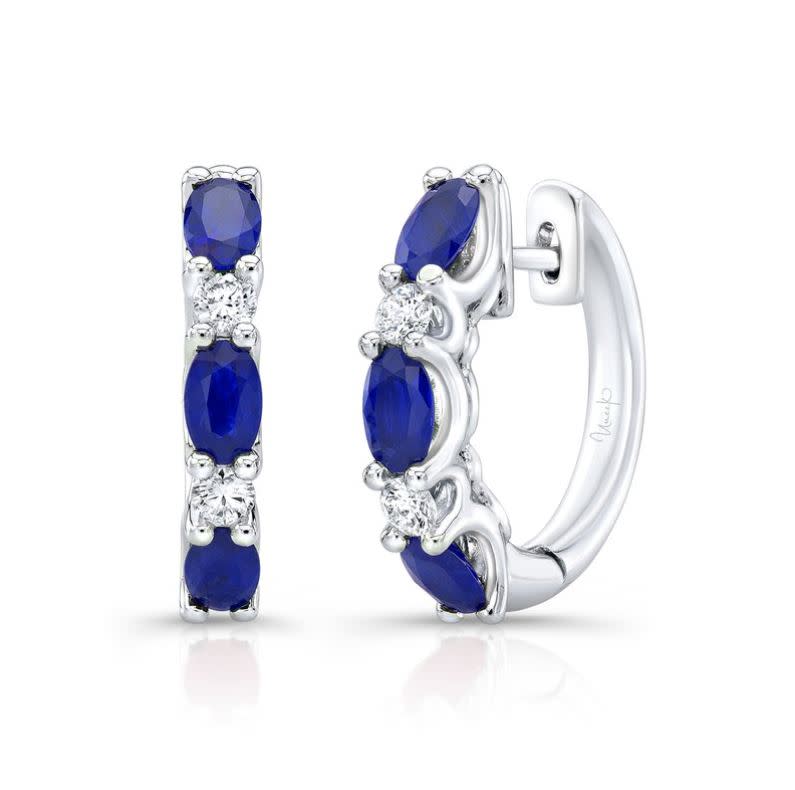 0.26ct Round Diamond and 1.62ct Oval Blue Sapphire Huggie Hoop Earrings in 18K White Gold