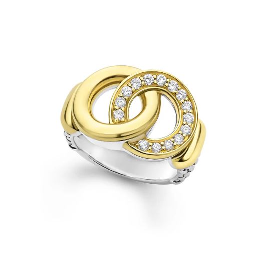 Signature Caviar 0.34ct Diamond Interlocking Circle Ring in 18K Yellow Gold and Sterling Silver, size 7