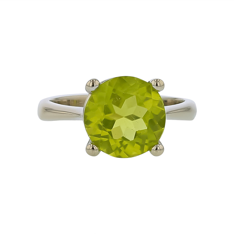 9.9mm Round Peridot Ring in 14K White Gold, size 6.5