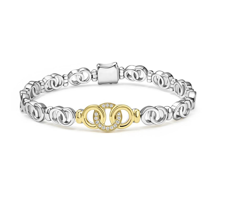 Signature Caviar 0.18ct Diamond Interlocking Tapered Link Bracelet in 18K Yellow Gold and Sterling Silver, Size 7