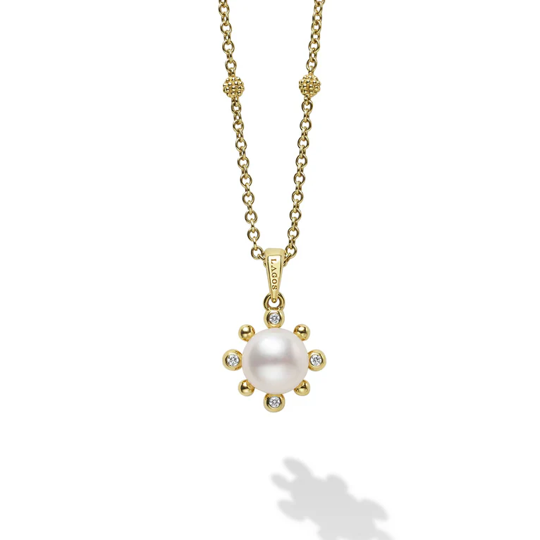 Luna Fleur 14mm Pearl and Diamond Pendant in 18K Yellow Gold, 16-18"