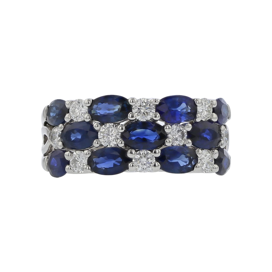 3.43ct Sapphire 0.59ct Diamond 3 Row Ring in 18K White Gold, Size 6.5